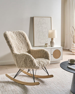 Sedia a dondolo moderna Rivestimento in tessuto ecopelliccia Dondoli in legno Camera dei bambini Soggiorno beige chiaro
