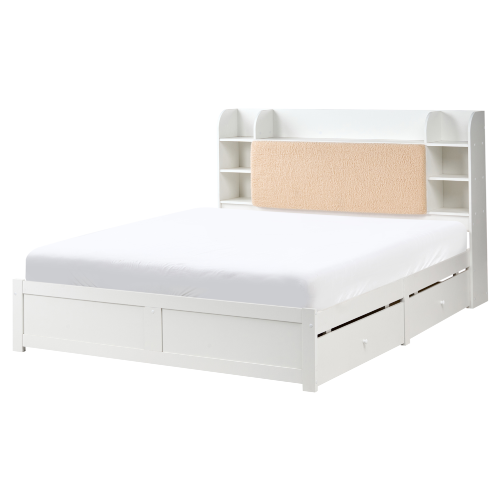 Letto matrimoniale in legno di pino MDF minimalista con contenitore 4 cassetti e ripiani testiera in bouclé bianco con rete 160 x 200 cm