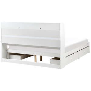 Letto matrimoniale in legno di pino MDF minimalista con contenitore 4 cassetti e ripiani testiera in bouclé bianco con rete 160 x 200 cm