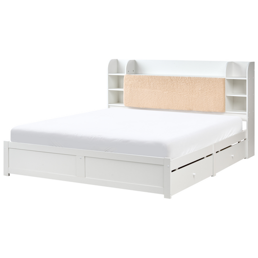 Letto matrimoniale in legno di pino MDF minimalista con contenitore 4 cassetti e ripiani testiera in bouclé bianco con rete 180 x 200 cm