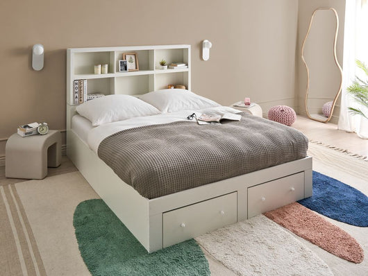 Letto matrimoniale in legno con contenitori a 2 cassetti e ripiani bianco 160 x 200 cm stile minimalista