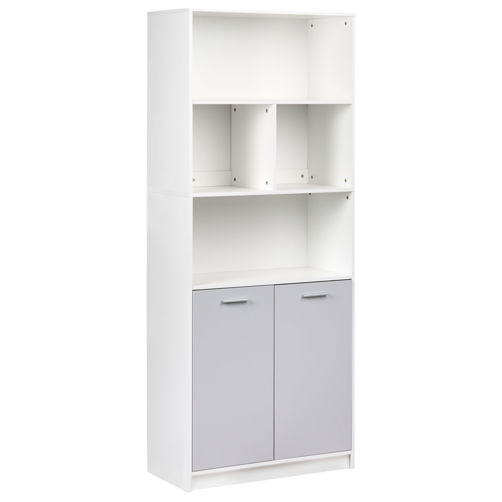 Libreria a 2 ante in truciolare grigio e bianco Mobili da ufficio minimalisti Ripiani aperti e chiusi