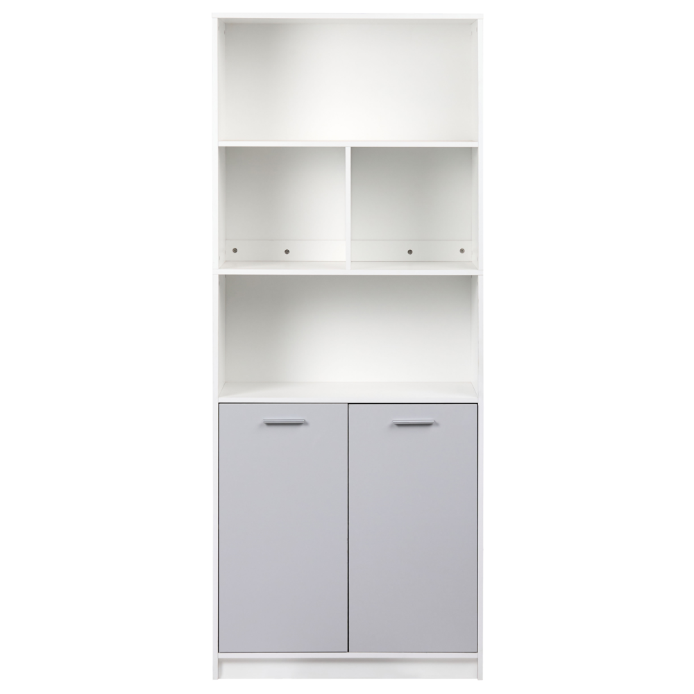 Libreria a 2 ante in truciolare grigio e bianco Mobili da ufficio minimalisti Ripiani aperti e chiusi