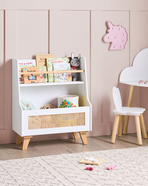 Scaffale a 2 ripiani in MDF bianco con frontale in rattan ripiani aperti contenitore per giocattoli camera dei bambini sala giochi