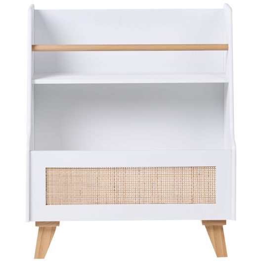 Scaffale a 2 ripiani in MDF bianco con frontale in rattan ripiani aperti contenitore per giocattoli camera dei bambini sala giochi
