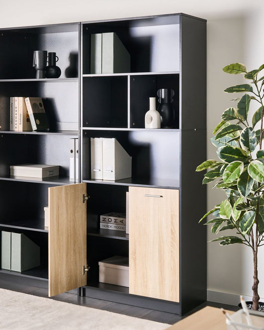 Libreria a 2 ante Marrone e nero Pannelli di particelle di legno Mobili da ufficio minimalisti Ripiani aperti e chiusi