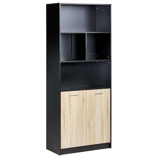 Libreria a 2 ante Marrone e nero Pannelli di particelle di legno Mobili da ufficio minimalisti Ripiani aperti e chiusi