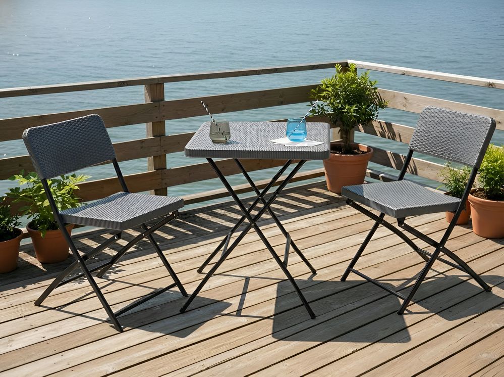 Set da bistrot con tavolo e 2 sedie Seduta e schienale in materiale sintetico Gambe in acciaio Pieghevole Resistente alle intemperie grigio