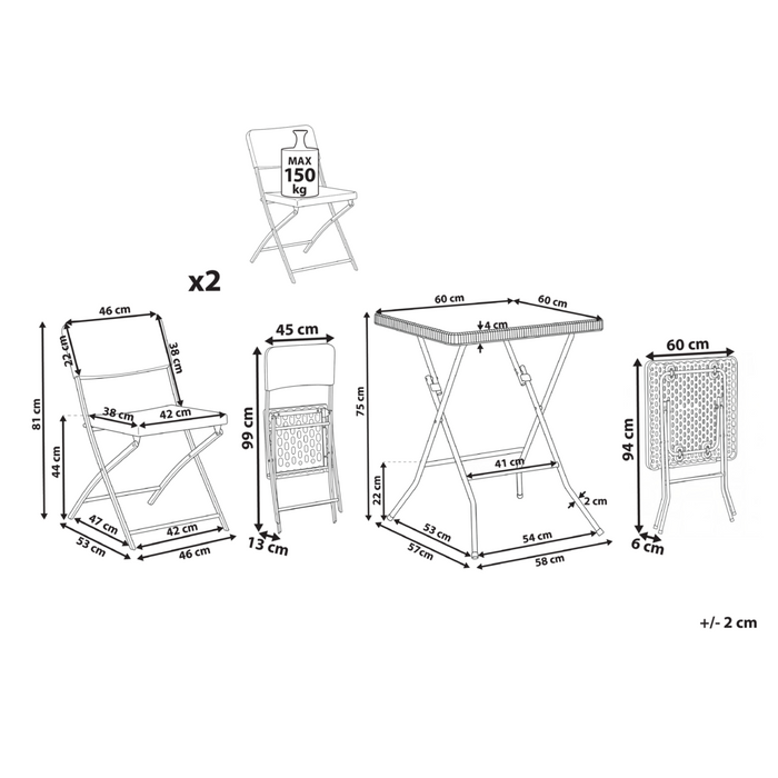 Set da bistrot con tavolo e 2 sedie Seduta e schienale in materiale sintetico Gambe in acciaio Pieghevole Resistente alle intemperie Nero