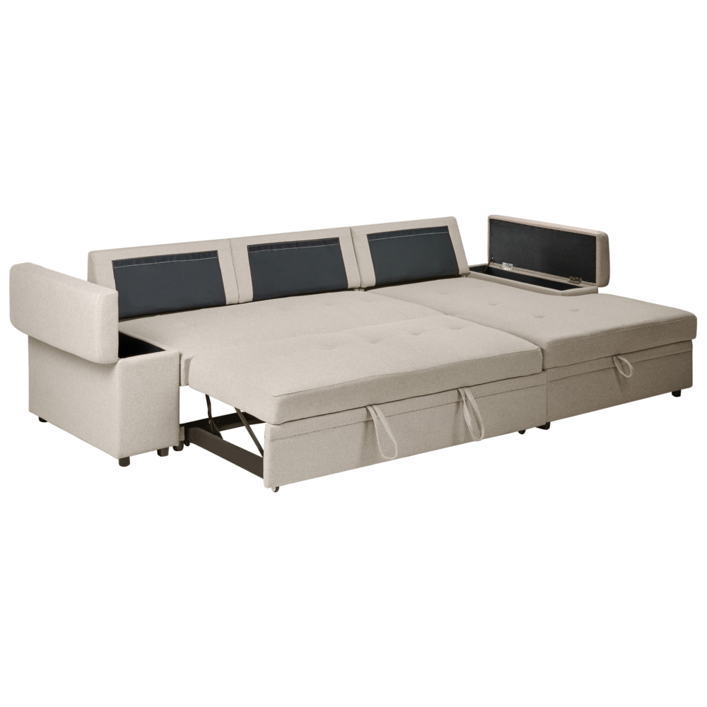 Divano letto angolare in finto lino per mancini con contenitore Cuscini in poliestere Schienale beige lato sinistro