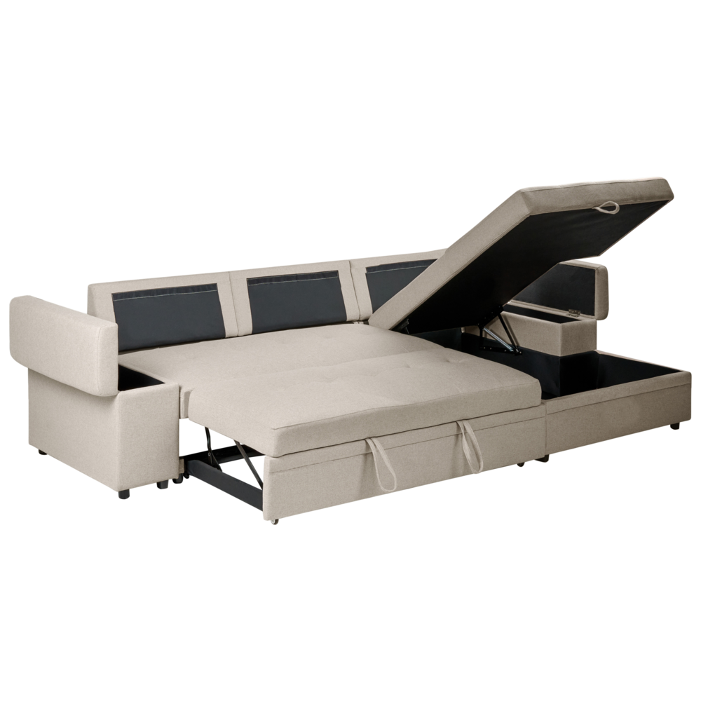 Divano letto angolare in finto lino per mancini con contenitore Cuscini in poliestere Schienale beige lato sinistro