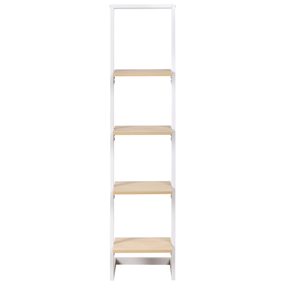 Libreria bianca con ripiani in metallo, struttura indipendente, design moderno