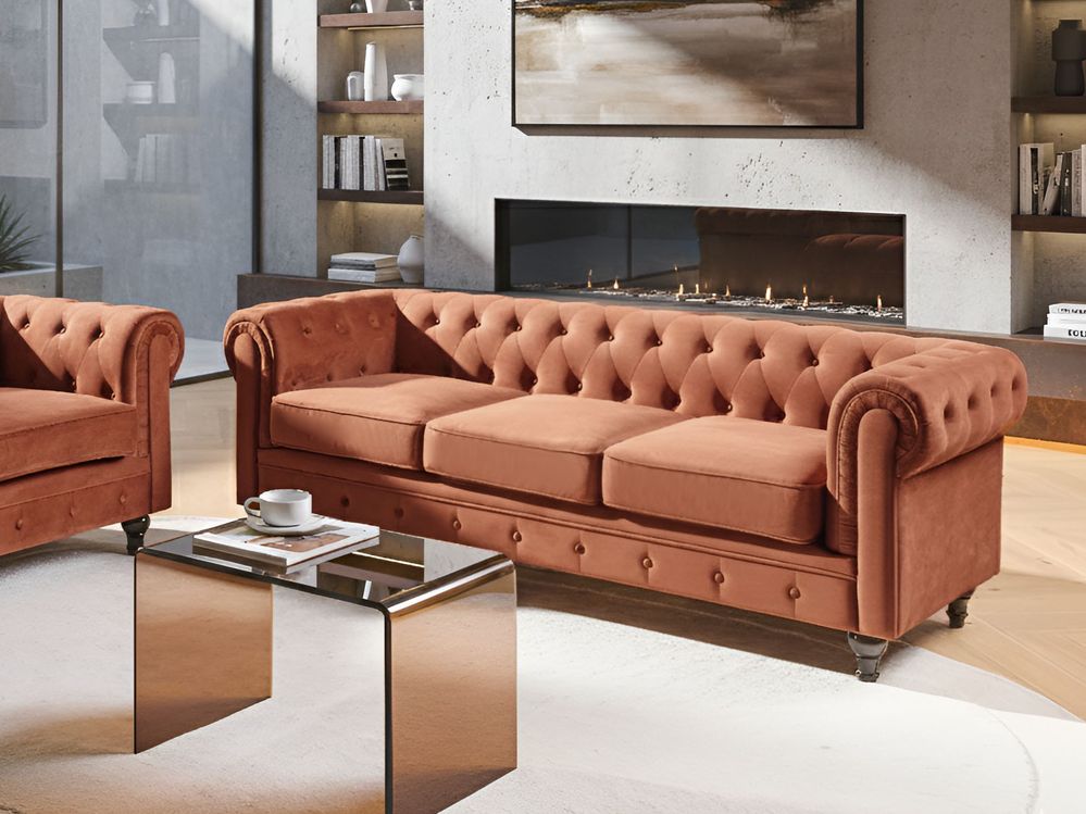 Divano Chesterfield classico capitonné a 3 posti in velluto marrone dorato stile Contemporaneo