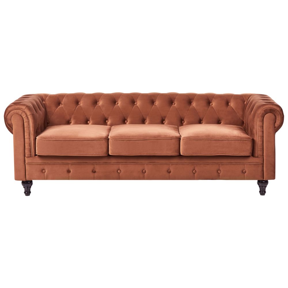 Divano Chesterfield classico capitonné a 3 posti in velluto marrone dorato stile Contemporaneo