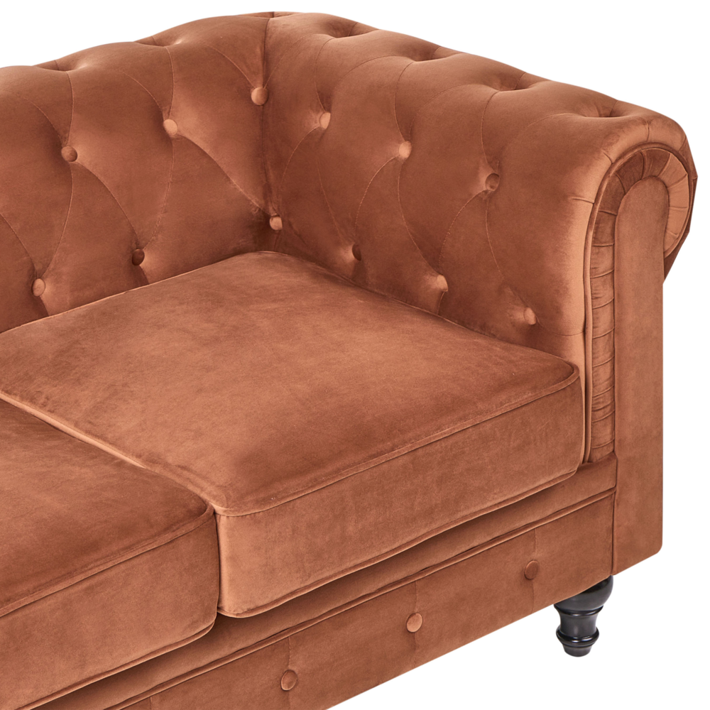 Divano Chesterfield classico capitonné a 3 posti in velluto marrone dorato stile Contemporaneo
