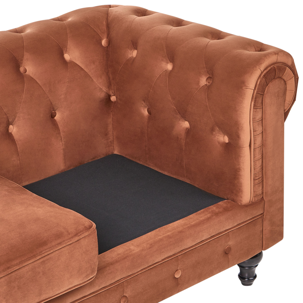 Divano Chesterfield classico capitonné a 3 posti in velluto marrone dorato stile Contemporaneo