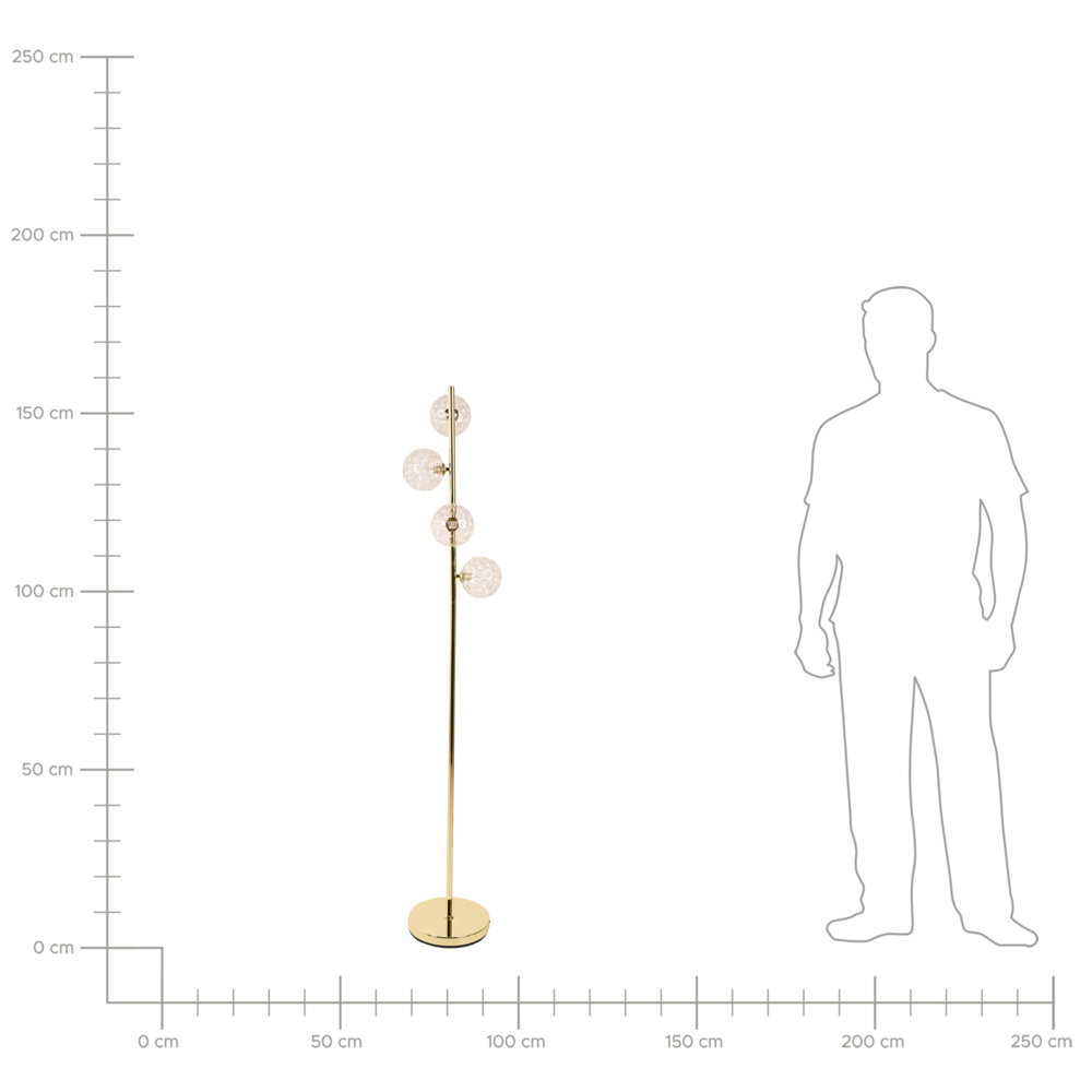 Lampada da terra in vetro beige con base in metallo dorato. Illuminazione per soggiorno dal look moderno e affascinante.