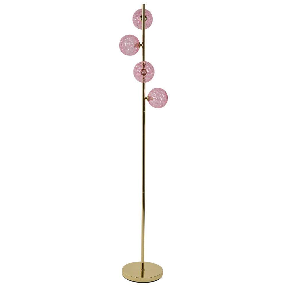 Lampada da terra in vetro beige con base in metallo rosa. Illuminazione per soggiorno dal look moderno e affascinante.