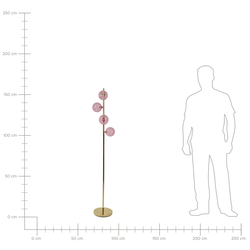 Lampada da terra in vetro beige con base in metallo rosa. Illuminazione per soggiorno dal look moderno e affascinante.