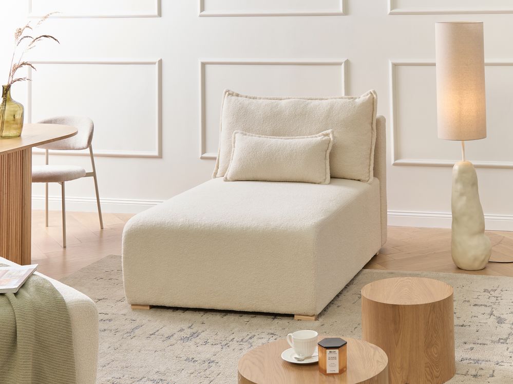 Chaise longue bianco sporco Poltrona imbottita bouclé con cuscino Stile minimalista