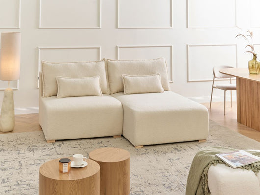 Divano angolare modulare sinistro bianco sporco Boucle, imbottito, con funzione letto e contenitore stile minimalista