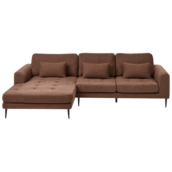 Divano angolare imbottito in boiclè marrone lato destro a forma di L con sedile imbottito e trapuntato