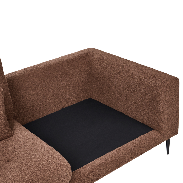 Divano angolare imbottito in boiclè marrone lato destro a forma di L con sedile imbottito e trapuntato