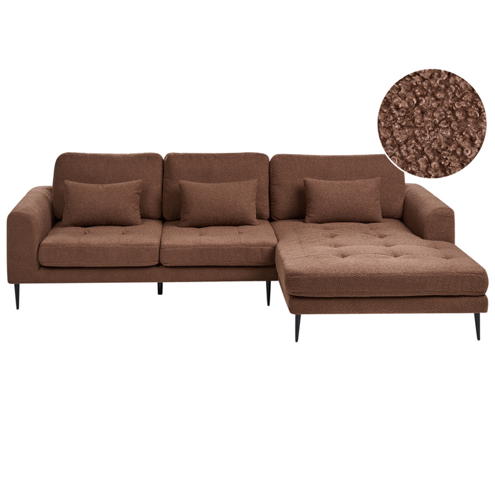 Divano angolare imbottito in boiclè marrone lato Sinistro a forma di L con sedile imbottito e trapuntato