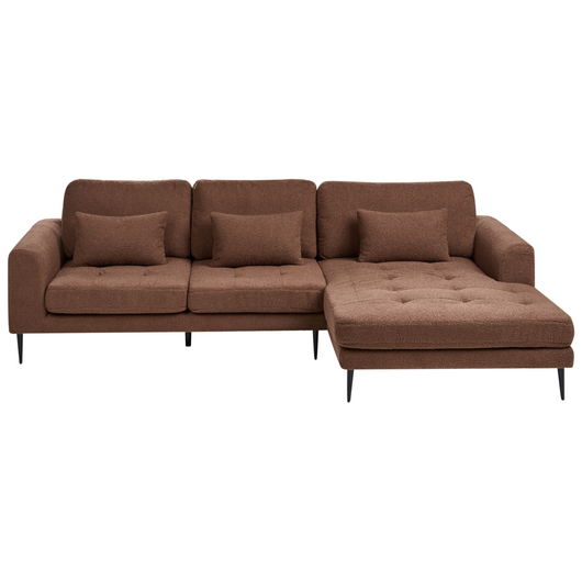 Divano angolare imbottito in boiclè marrone lato Sinistro a forma di L con sedile imbottito e trapuntato