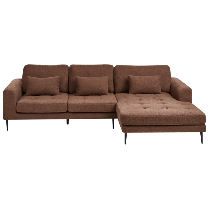 Divano angolare imbottito in boiclè marrone lato Sinistro a forma di L con sedile imbottito e trapuntato