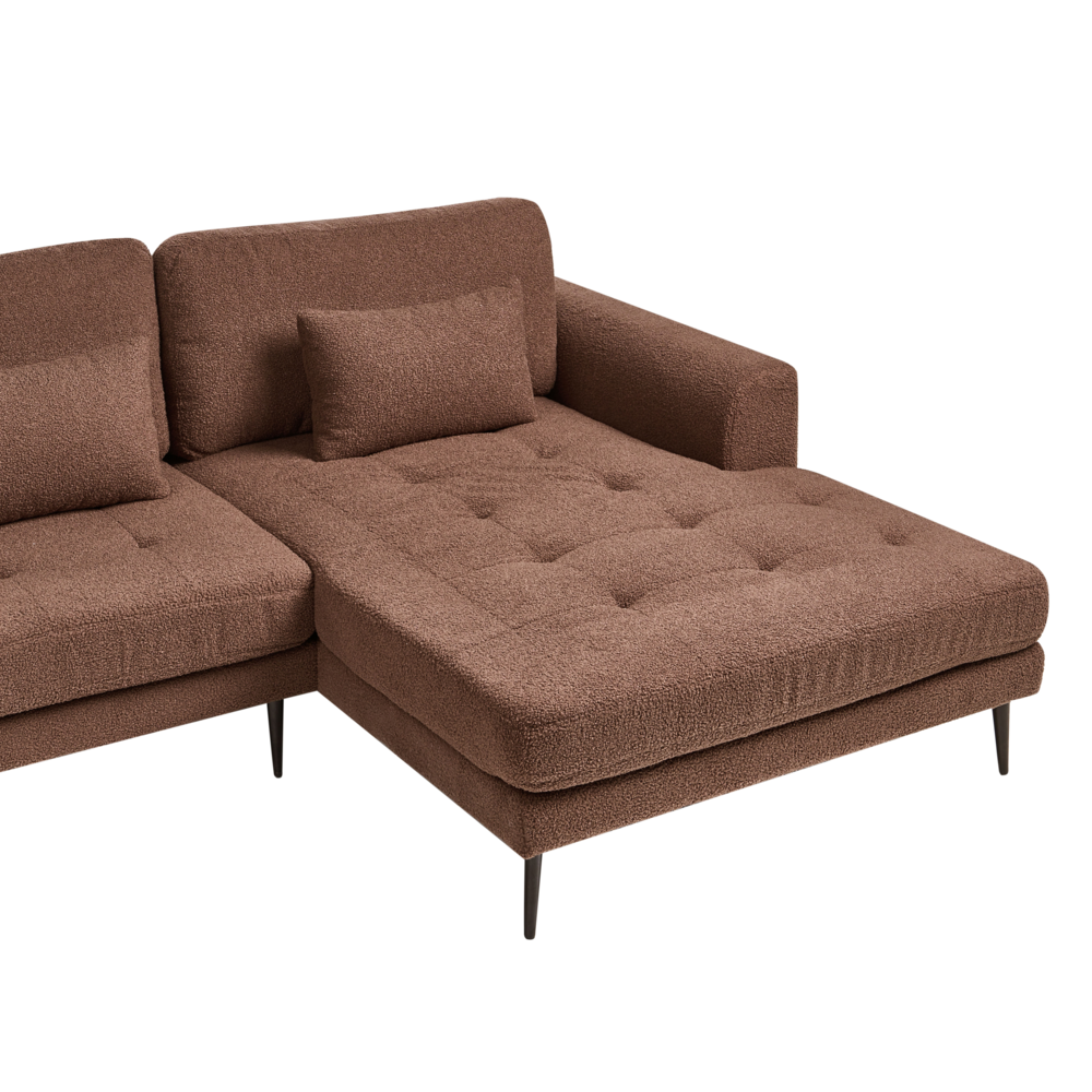 Divano angolare imbottito in boiclè marrone lato Sinistro a forma di L con sedile imbottito e trapuntato