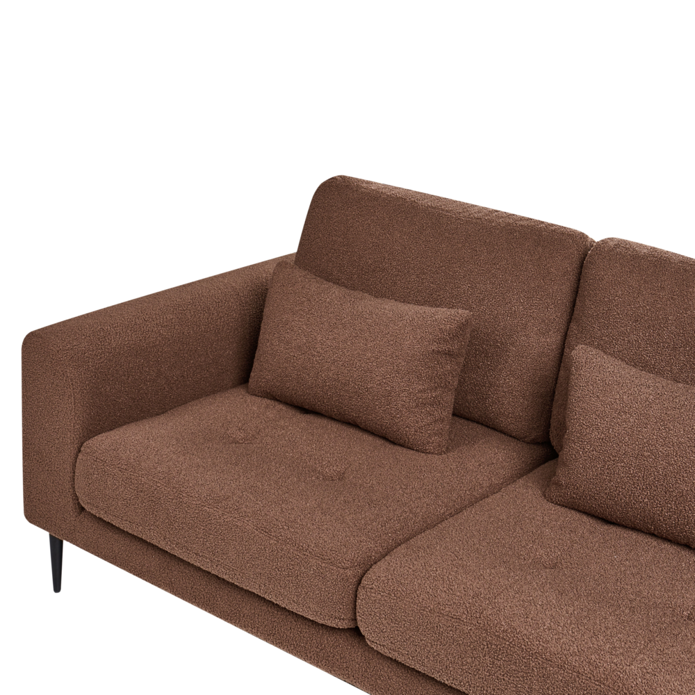 Divano angolare imbottito in boiclè marrone lato Sinistro a forma di L con sedile imbottito e trapuntato