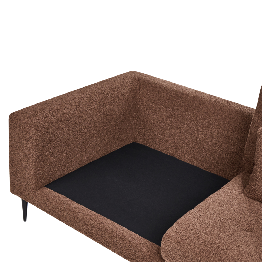 Divano angolare imbottito in boiclè marrone lato Sinistro a forma di L con sedile imbottito e trapuntato