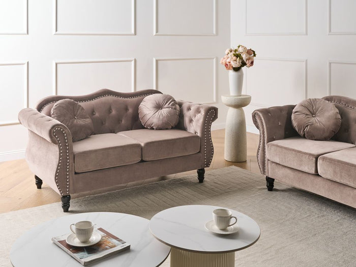 Divano in velluto tortora a 2 posti con bottoncino per finiture con bottoni Cuscini trapuntati Braccia arrotolate Glam