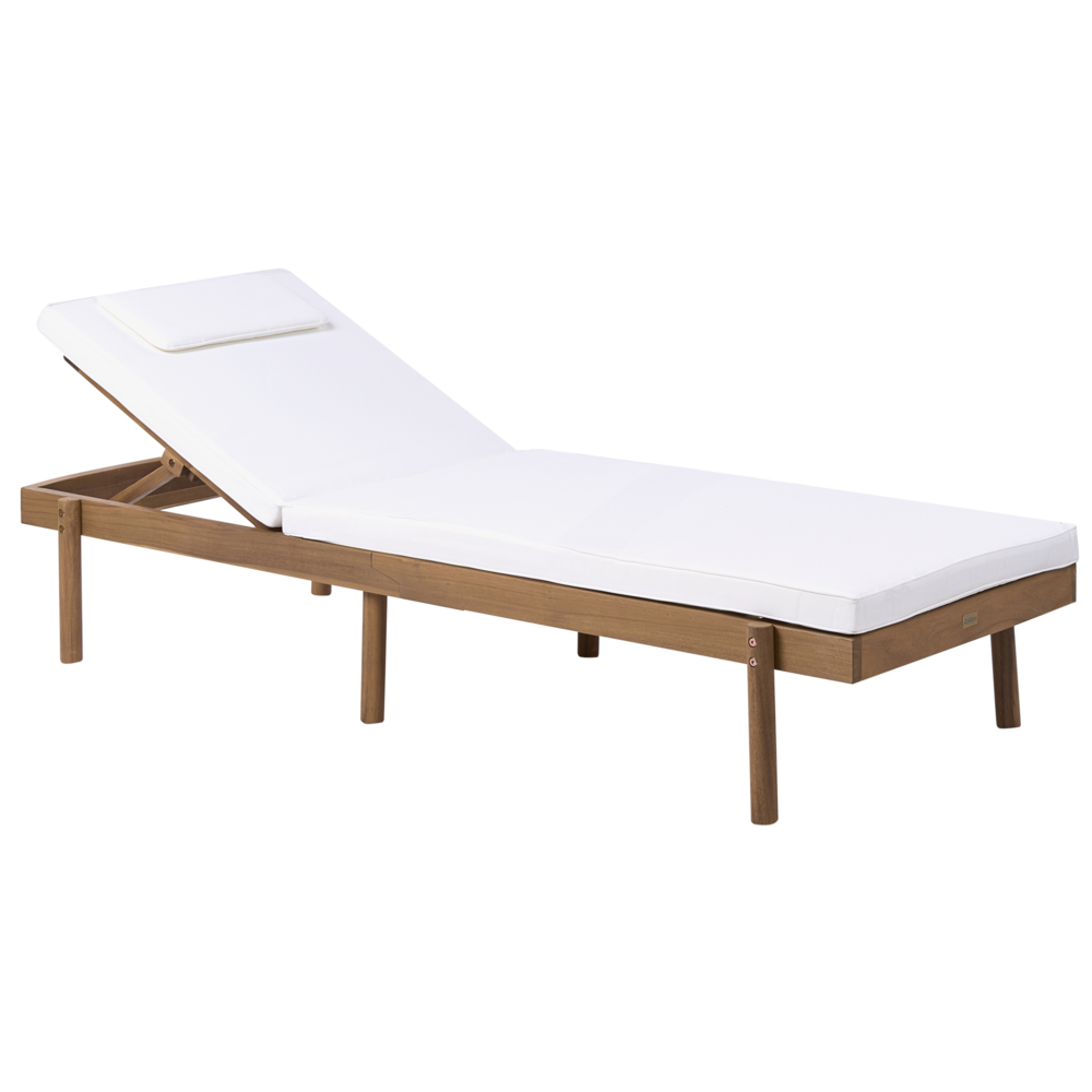 Sdraio marrone chiaro in legno di acacia certificato con cuscino bianco, seduta pieghevole, per giardino, patio e balcone