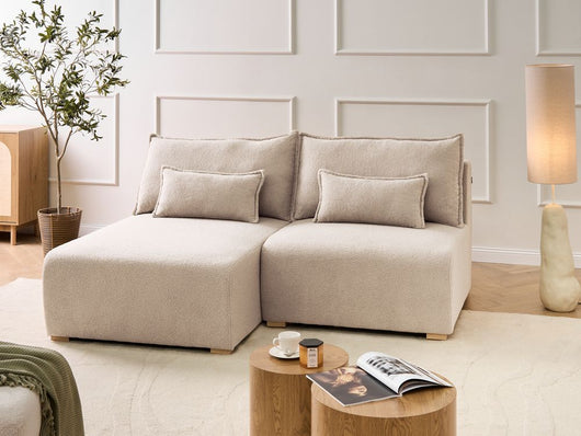 Divano angolare modulare destro tessuto beige imbottito con funzione letto e contenitore stile minimalista lato destro