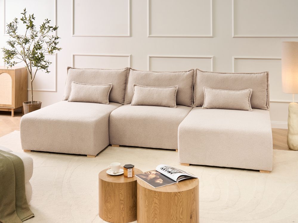 Divano modulare a U tessuto beige con funzione letto e contenitore Stile minimalista