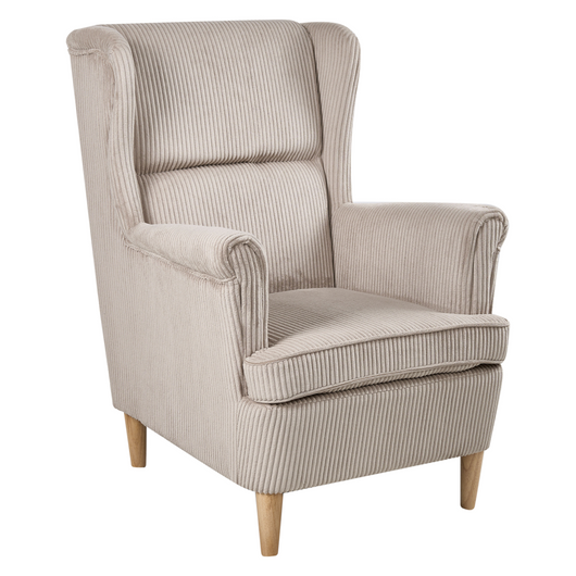 Poltrona Wingback Rivestimento in velluto a coste beige Schienale alto Gambe in legno Soggiorno tradizionale retrò
