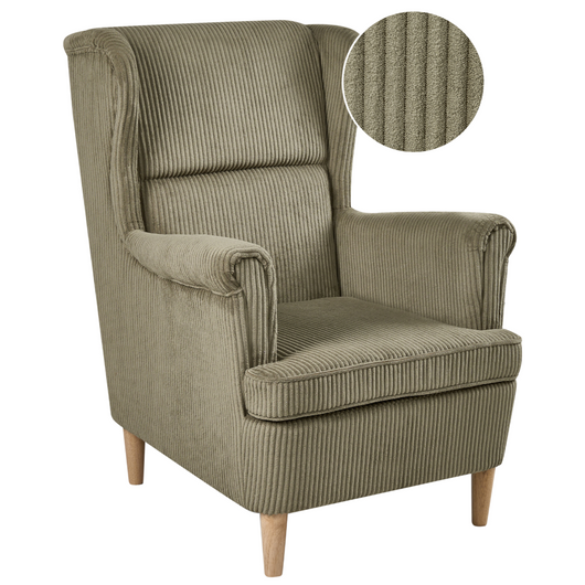 Poltrona Wingback Rivestimento in velluto a coste verde Schienale alto Gambe in legno Soggiorno tradizionale retrò