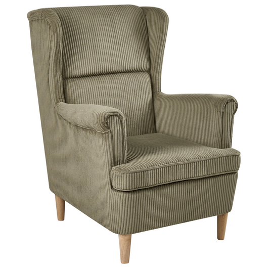 Poltrona Wingback Rivestimento in velluto a coste verde Schienale alto Gambe in legno Soggiorno tradizionale retrò