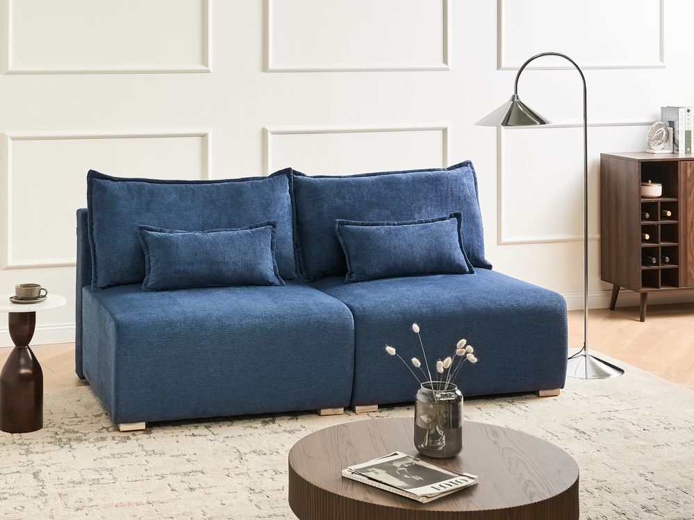 Divano componibile in tessuto blu imbottito con funzione letto e contenitore Stile minimalista