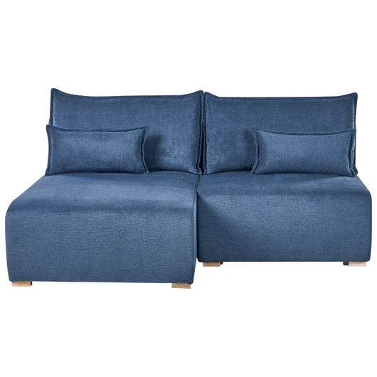 Divano angolare modulare destro in tessuto blu con funzione letto e contenitore stile minimalista