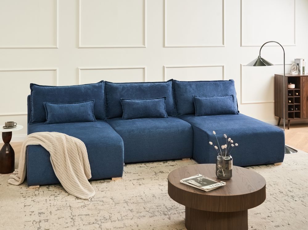 Divano modulare a forma di U in tessuto blu imbottito con funzione letto e contenitore Stile minimalista