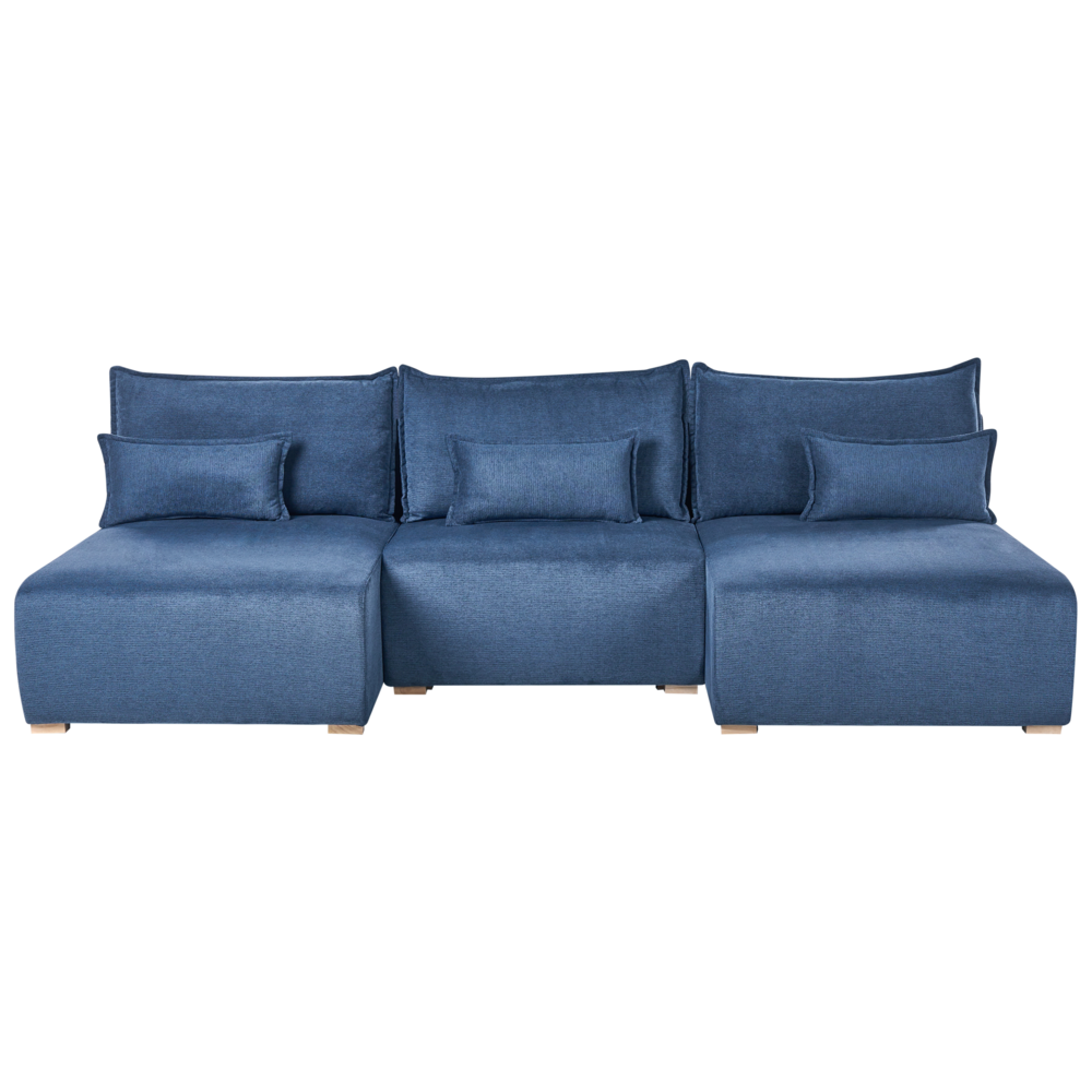 Divano modulare a forma di U in tessuto blu imbottito con funzione letto e contenitore Stile minimalista