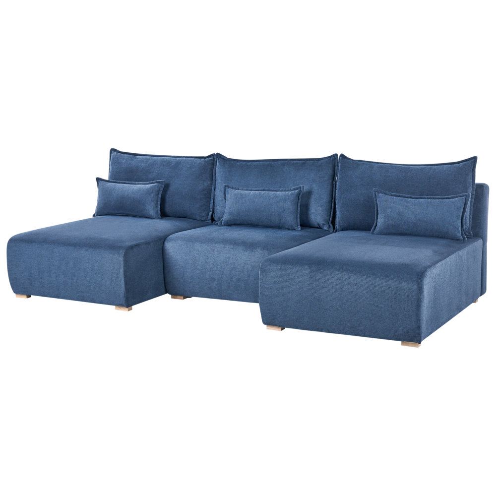 Divano modulare a forma di U in tessuto blu imbottito con funzione letto e contenitore Stile minimalista