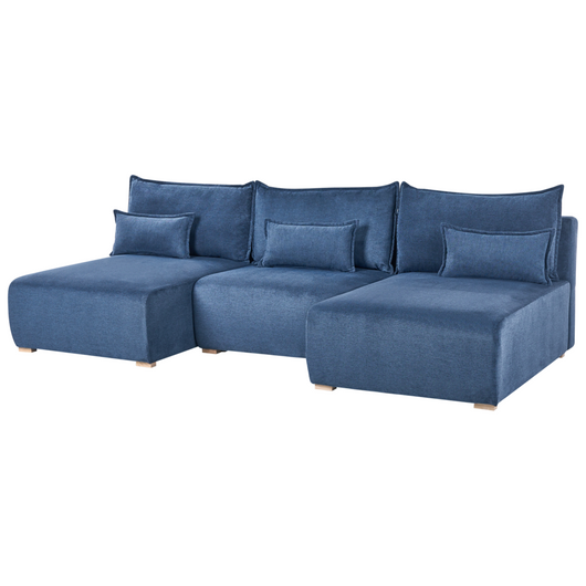Divano modulare a forma di U in tessuto blu imbottito con funzione letto e contenitore Stile minimalista