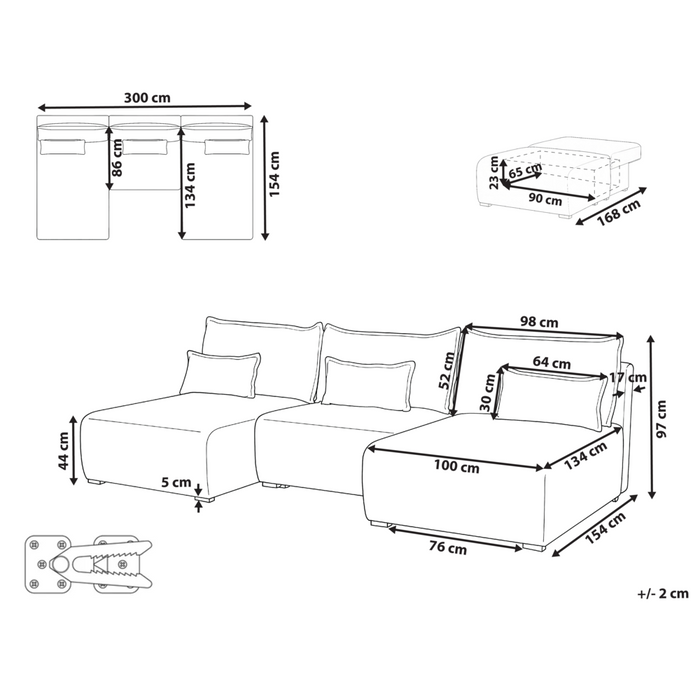 Divano modulare a forma di U in tessuto blu imbottito con funzione letto e contenitore Stile minimalista