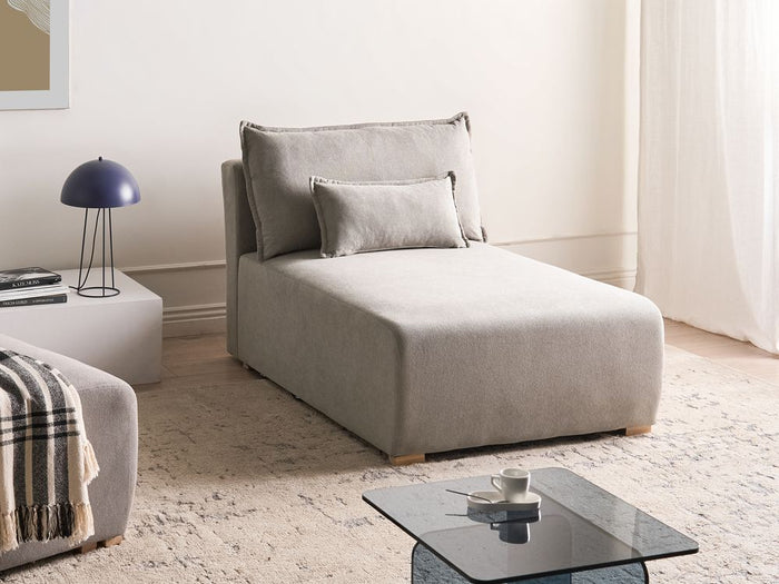 Chaise longue grigio in tessuto con cuscino, stile minimalista