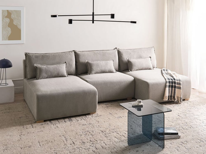 Divano modulare a U tessuto grigio con funzione letto e contenitore Stile minimalista