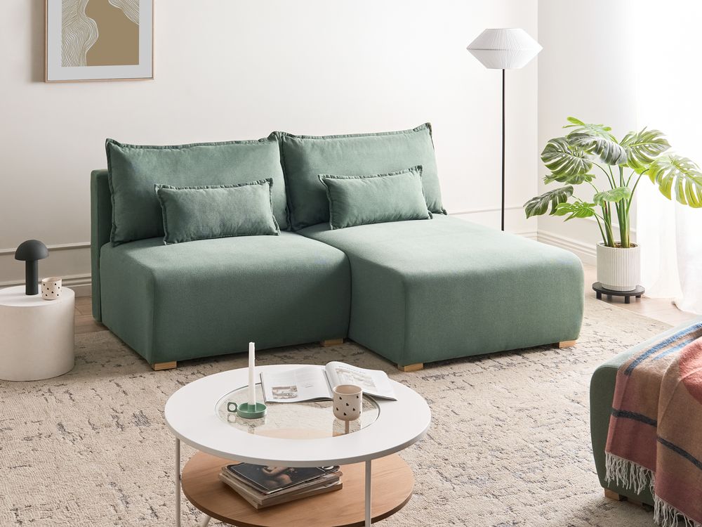 Divano componibile in tessuto verde chiaro imbottito con funzione letto e contenitore lato sinistro Stile minimalista